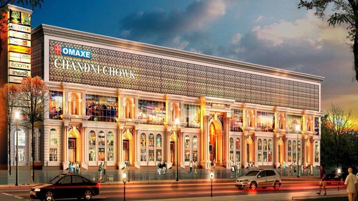 Grand retail facade and modern shopping promenade at Omaxe