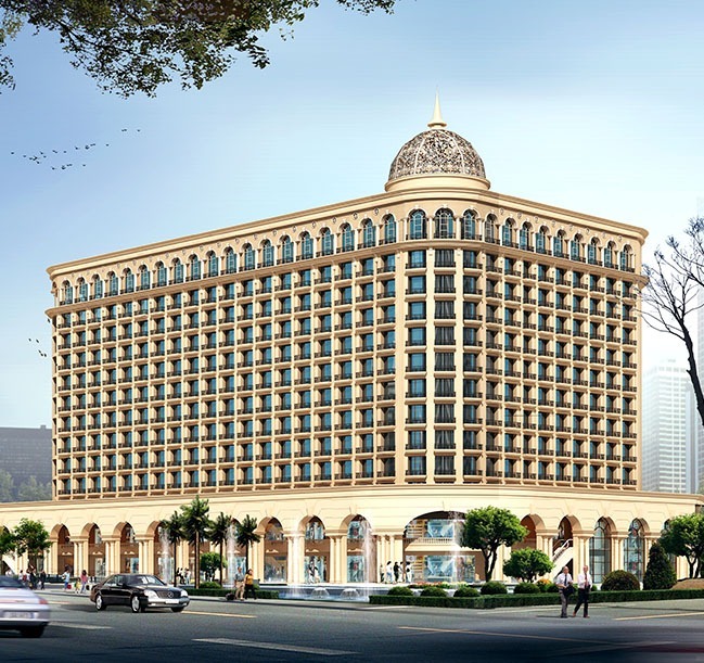 Neoclassical architectural tower with classical dome, arched windows, and ground-floor shopping arcade at Omaxe