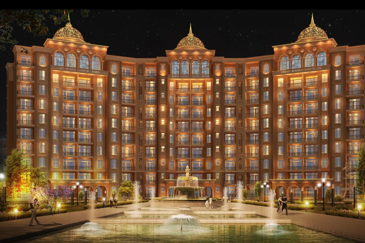 Luxury palace-style residential pavilion with illuminated domed facades and cascading central fountains